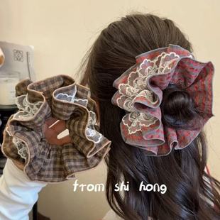 韩系复古蕾丝格子大肠发圈高级感发发绳绳低丸子头发马尾头圈头绳