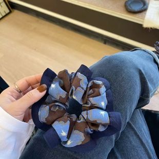 新款 撞色复古蓝色原创印花大肠发圈高级轻奢秋冬韩系发绳发饰 时尚