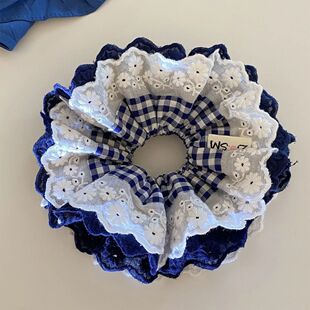 双层藏青格纹格子蕾丝爱心发圈花边大肠新款 绳低丸子马尾头发头绳