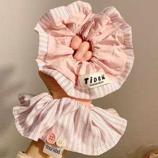 奶油韩版 粉色纽扣条纹大肠发圈高级感低马尾慵懒发饰头绳头饰 爆款