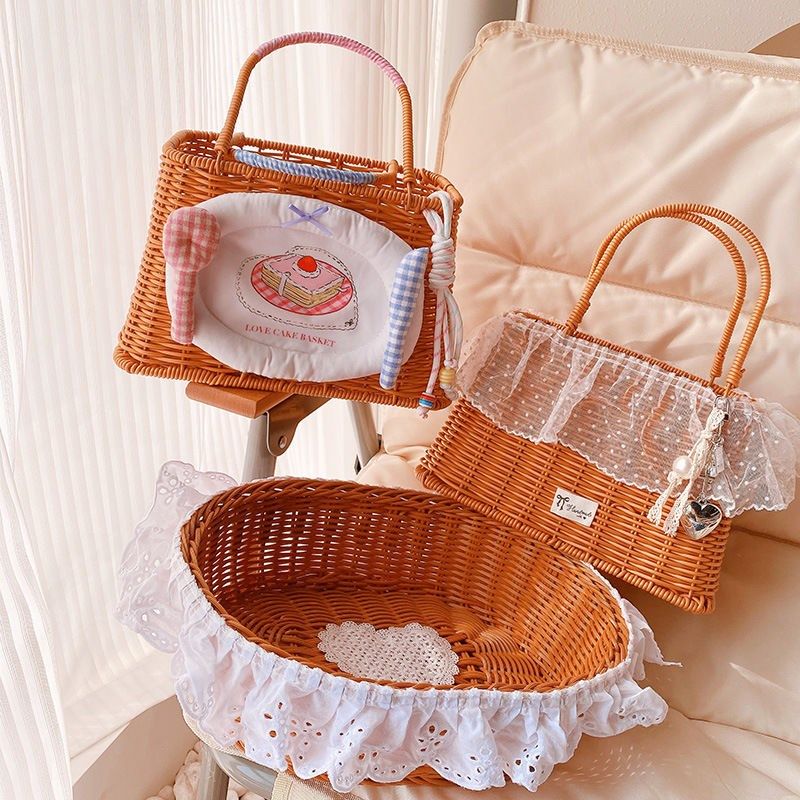 蕾丝藤编收纳篮2025新款春游野餐盒手工编织杂物收纳筐露营手提篮,收纳整理,收纳筐,淘宝优惠券,粉丝福利购,淘宝优惠卷