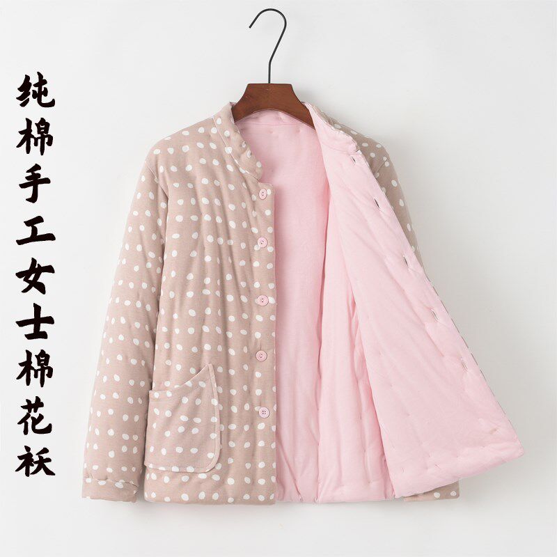 女士棉花袄冬装加厚保暖棉服手工纽扣棉衣妈妈装内穿居家服