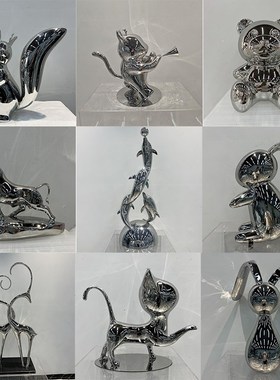 定制不锈钢卡通雕塑猫咪造型摆件户外草坪园林庭院落地景观装饰品