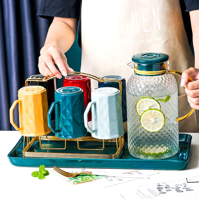 耐高温冷水壶带托盘套装一人一色家用客厅冷水杯大容量玻璃凉水壶