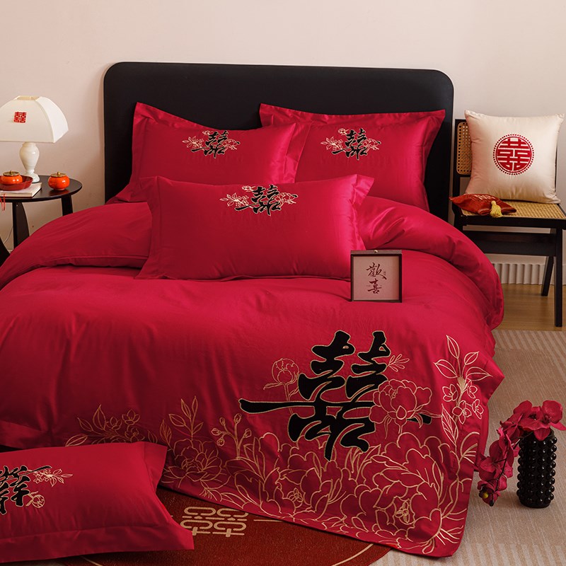 高档中式结婚四件套大红色刺绣纯棉被套床单新婚陪嫁婚庆床上用品