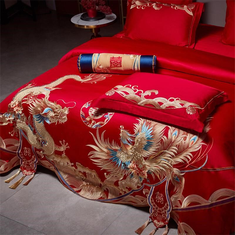 高档中式龙凤刺绣全棉100S纯棉四件套结婚红色喜嫁被套新婚庆床品