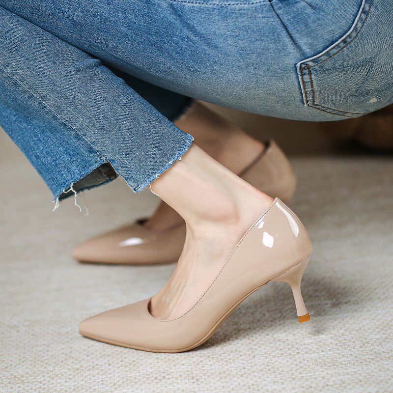 裸色高跟鞋女2024新款小跟细跟亮面单鞋漆皮中跟3cm5cm低跟工作鞋