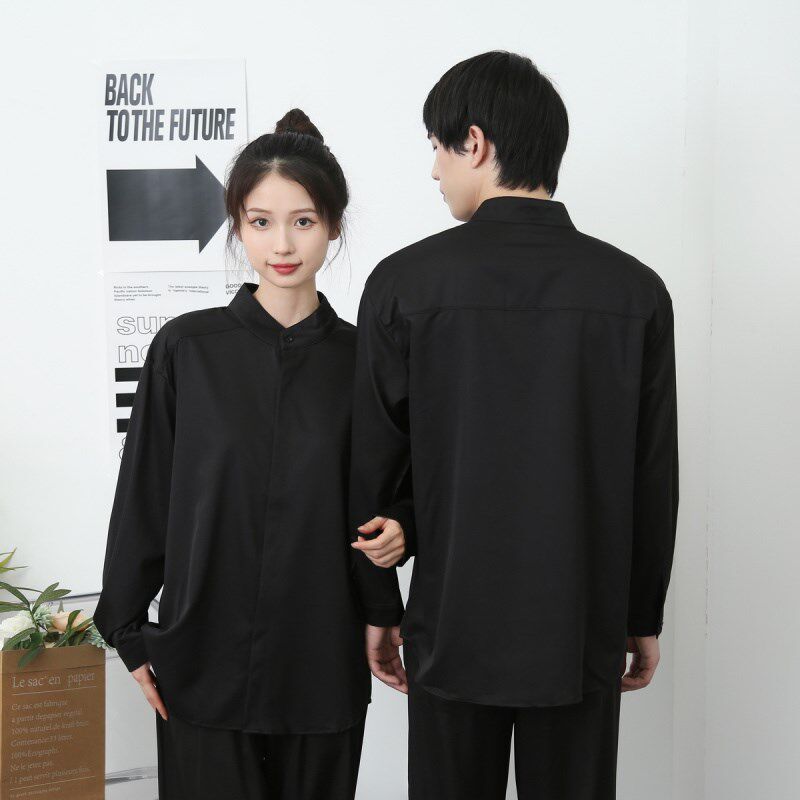 定制长袖衬衫印logo图案大码衬衣宽松西餐厅咖啡馆奶茶工作服班服