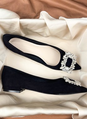 气质水钻黑色职业女平底单鞋不累脚2024年新款夏秋季尖头浅口工作