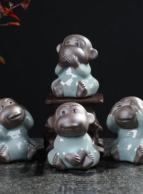 汝窑茶宠摆件精品紫砂四不猴茶宠物可养禅意茶艺茶台装饰摆件茶道