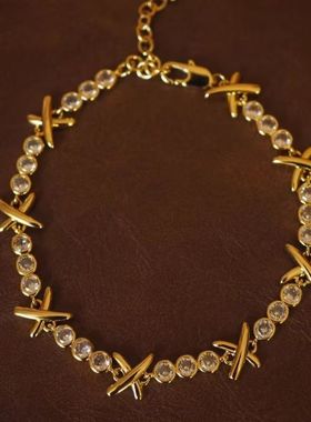 复古朋克手链女金色交叉设计镶钻手链时尚个性欧美风vintage复古