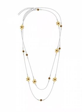 小众设计感多层金色花朵虎眼石项链长款毛衣链女优雅简约时尚配饰