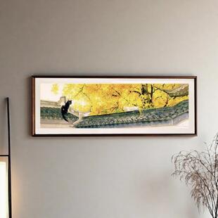 588片拼图框短墙银杏雨70*20视力表胡桃实木框加卡纸画框挂墙定制