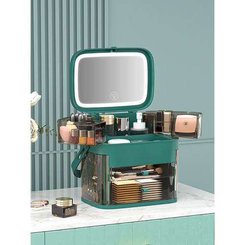 化妆品收纳盒防尘护肤品大容量化妆箱子 桌面LED带镜子储物置物架