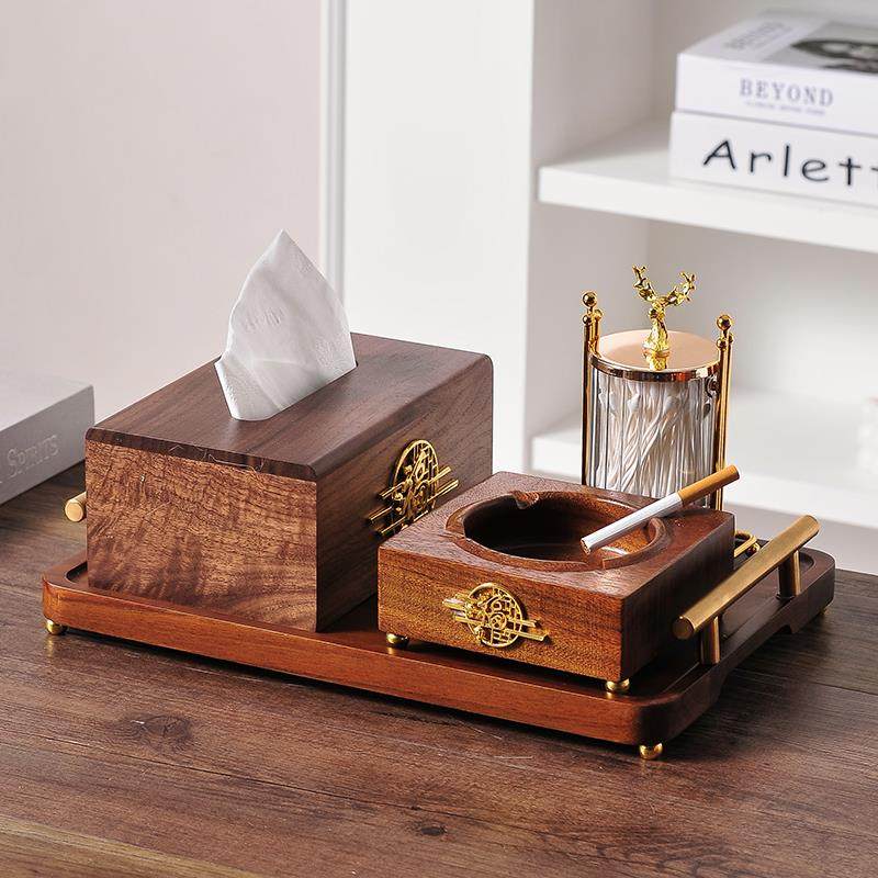 胡桃色纸巾盒客厅茶几抽纸盒高端家用餐巾纸收纳盒实木烟灰缸套装