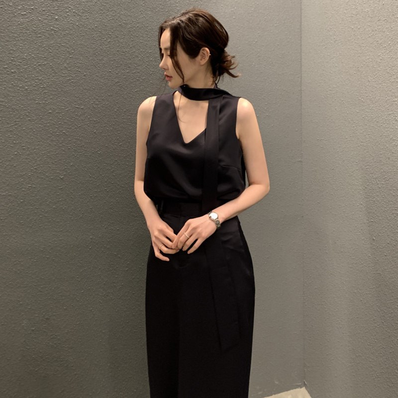 韩国chic夏季简约气质V领飘带无袖衬衫+高腰显瘦包臀半身裙套装女