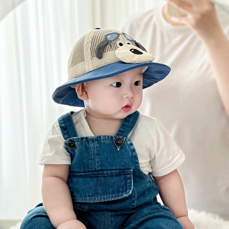 婴儿帽子夏季网款男孩眼镜狗防晒太阳帽男宝宝幼儿夏天渔夫遮阳帽