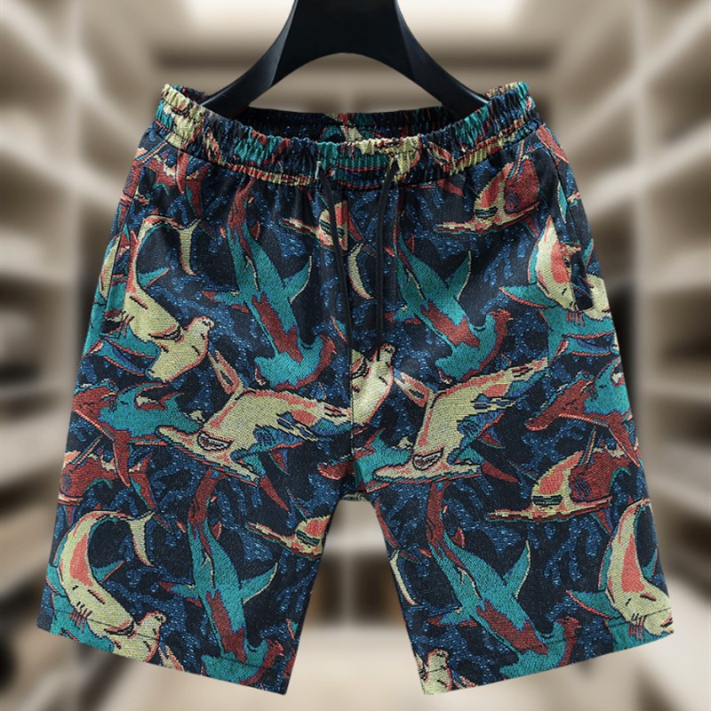 夏季大花短裤男装薄款外穿裤衩沙滩裤男潮牌中裤休闲直筒五分裤子