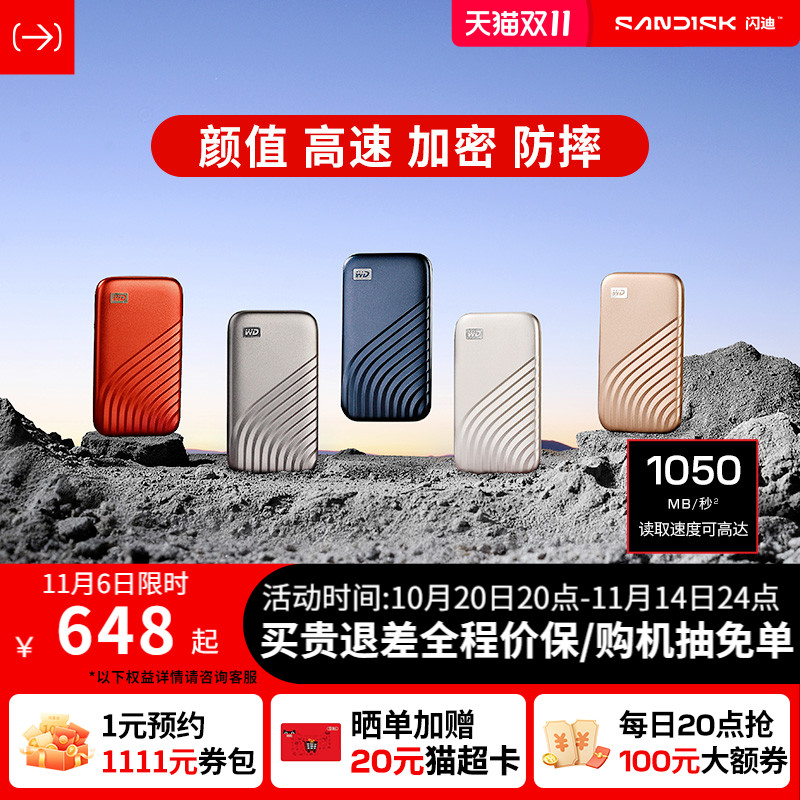 WD西部数据移动固态硬盘1tb外置2t手机电脑加密高速闪迪移动硬盘