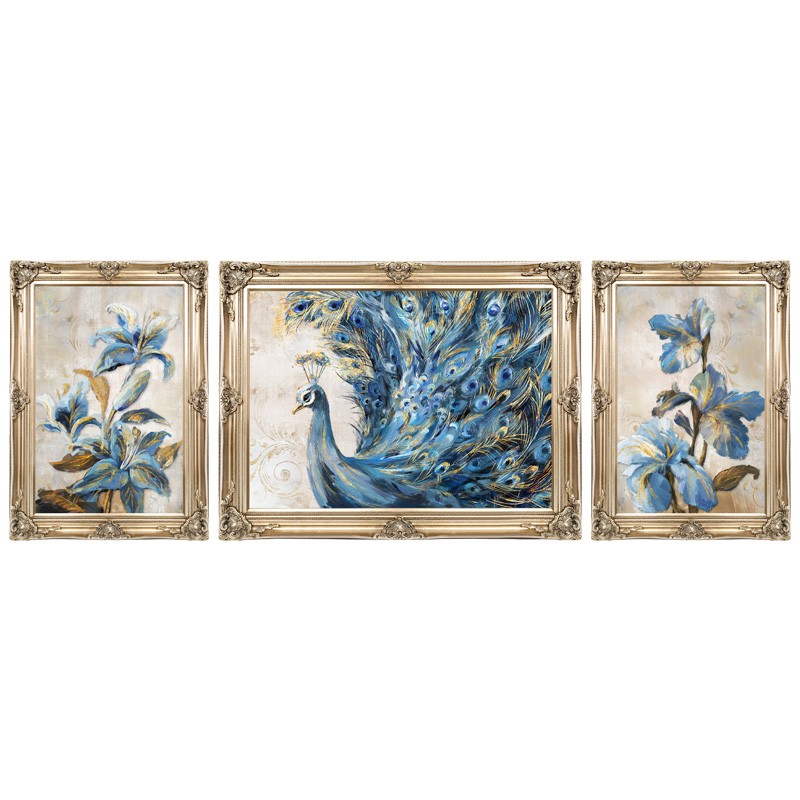 欧式客厅沙发背景墙手绘装饰画孔雀挂画美式餐厅墙壁画大气三联画图片
