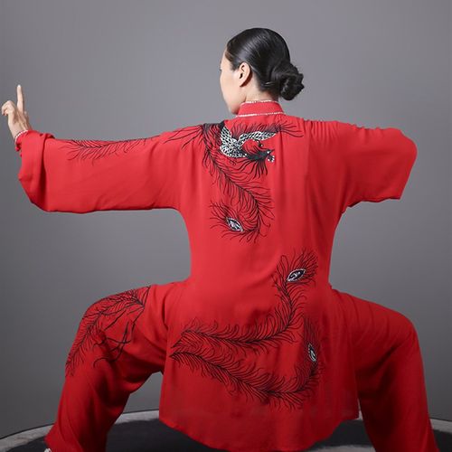 马蕾太极新款男女团队个人表演比赛服中长款刺绣五色彩凤太极拳服