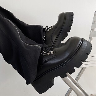 炸街新 圆头松糕底小众德比鞋 铆钉皮鞋 子男低帮增高跟中跟厚底个性