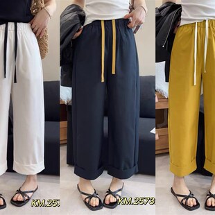 2025夏款卡麦2573松紧腰抽绳刺绣显瘦K百搭宽松阔腿裤小个子九分