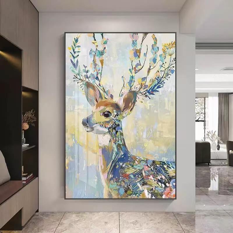 陈现代晶瓷镶钻梅花鹿装饰画创意挂画客厅走廊轻奢画小鹿80120图片
