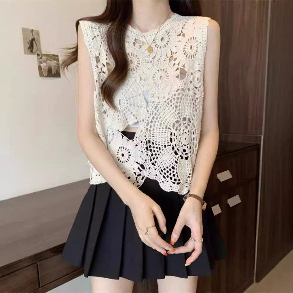 甜辣小吊带白鹿同款白色花朵镂空背心马甲女夏季新款外穿法式别致