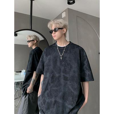 美式扎染冰感短袖t恤男款夏季痞帅高街日系复古纯棉重磅半袖衣服