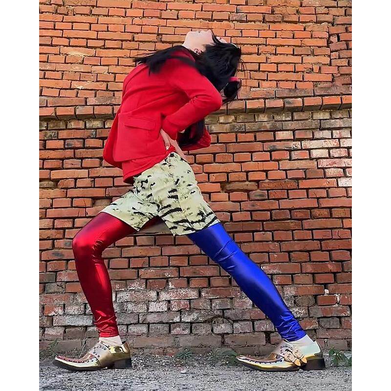 蓝色妖姬衣服皮小浪同款皮裤暴躁涛哥蜜蜂仙子同款仿皮拼色裤长裤
