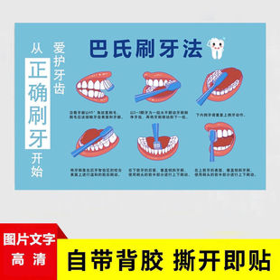 巴氏刷牙法贴纸儿童刷牙步骤图医院诊所口腔提示挂图不干胶贴纸