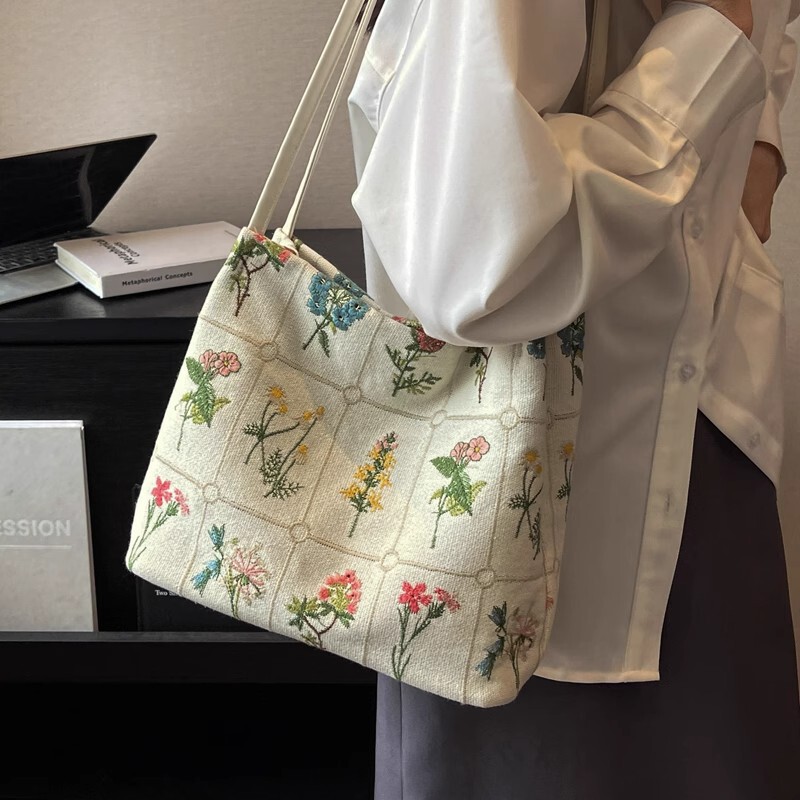 2025新款大容量包包女夏百搭帆布休闲单肩包高级感上课通勤水桶包