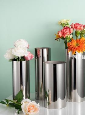 出口品质加厚304不锈钢花瓶花插桌上花瓶金属圆柱直桶花瓶可装水