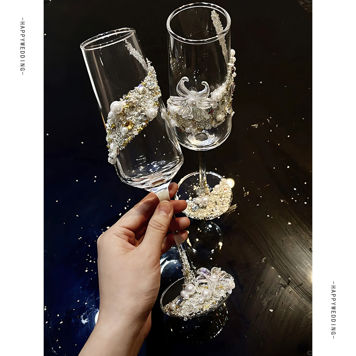 订婚新娘高脚香槟杯花艺装饰新人结婚敬酒杯敬茶杯仪式感装饰花