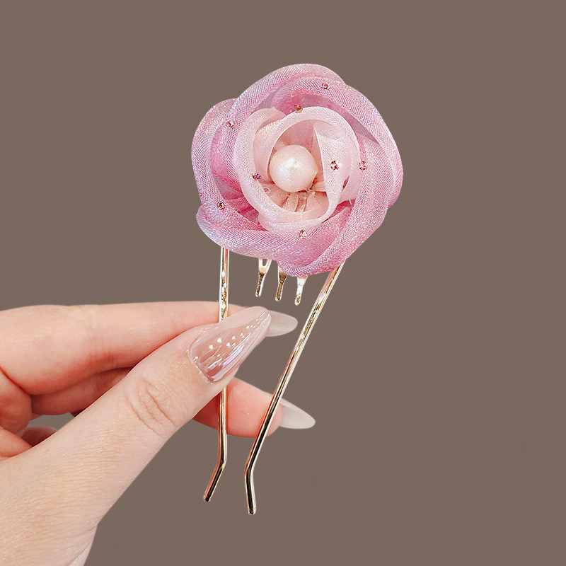粉色型发簪女式发钗后脑勺盘发神器珍珠簪子插梳头饰