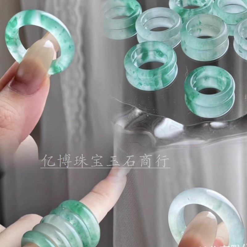 厂家批发天然飘花非洲翠冰种飘绿指环独龙玉高冰飘花玉戒石英岩玉