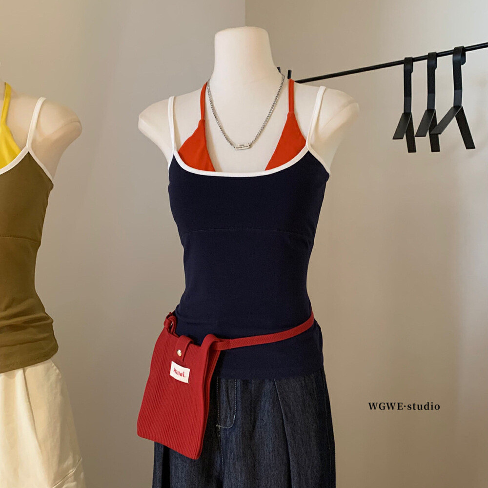 纯欲风撞色虞书欣同款黑色假两件吊带背心修身挂脖带胸垫内搭外穿