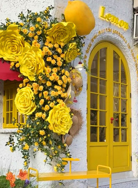 仿真黄色玫瑰花打卡造景花藤装饰网红瀑布网红拍照有幸小食院