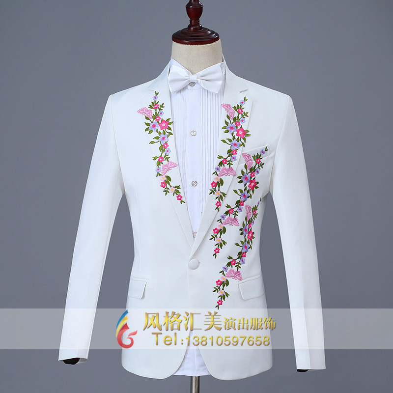 好货新款白色合唱服装刺绣梅花图片西服套装中老年合唱演出服装