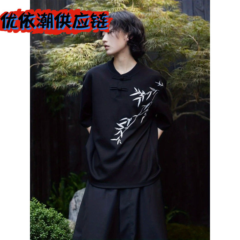 夏季新款小众设计师纯棉新中式国风竹叶刺绣盘扣领短袖T恤男女潮