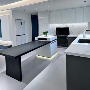 岩板伸缩岛台餐桌一体家用开放式厨房大小户型倒台新款黑白可定制