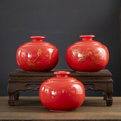 陶瓷茶叶罐大号纯红色防潮罐子圆形密封带盖储物罐婚庆糖果盒空罐