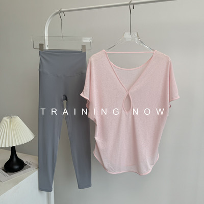 推荐瑜伽运动套装女夏季宽松透气普拉提短袖罩衫专业健身房训练速