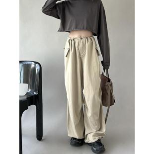 宽松廓形显瘦工装 新品 新款 日系慵懒抽绳松紧高腰休闲裤 风阔腿 春季
