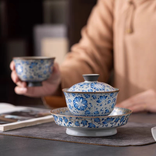 景德镇仿古青花瓷盖碗茶杯单个三才泡茶碗大号功夫陶瓷敬茶器家用