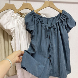 夏季新款V领抽绳绑带泡泡袖衬衫女薄款单排扣显瘦小个子短款