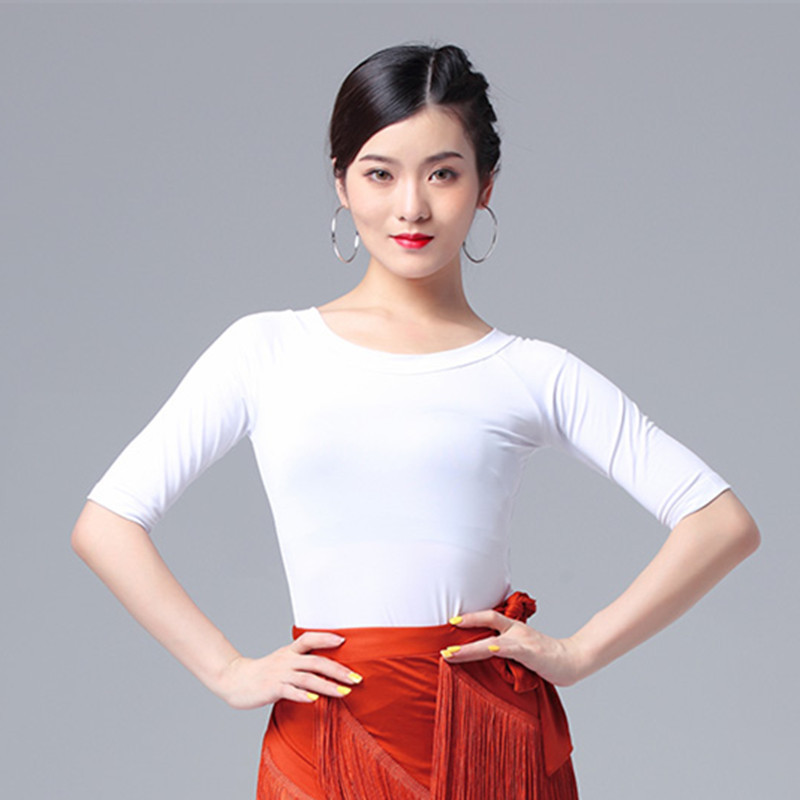 拉丁舞白色圆领中袖女舞蹈服训练跳舞成年练功服形体