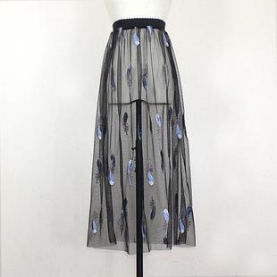 一层纱裙外穿透明罩裙中长款春夏仙女羽毛刺绣单层外搭网纱