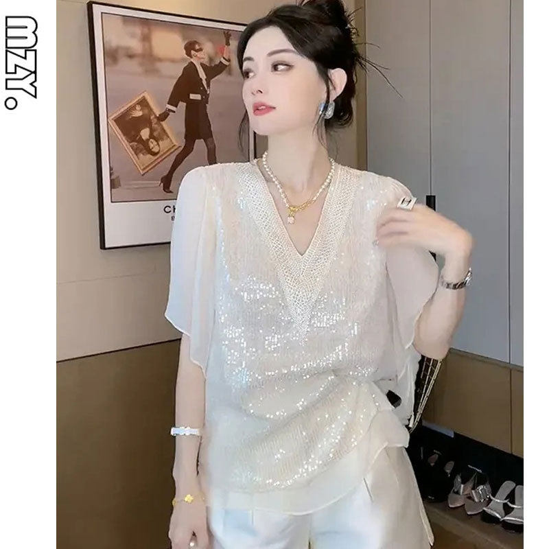 香风气质御姐减龄时尚套装女2024夏季亮片V领雪纺两件套,女装/女士精品,其它制服/套装,淘宝优惠券,粉丝福利购,淘宝优惠卷